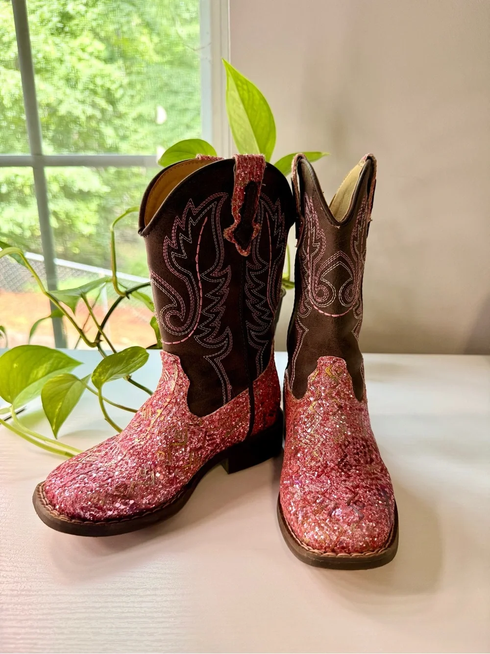 Roper Toddler Pink Glitter Aztec Square Toe Boot